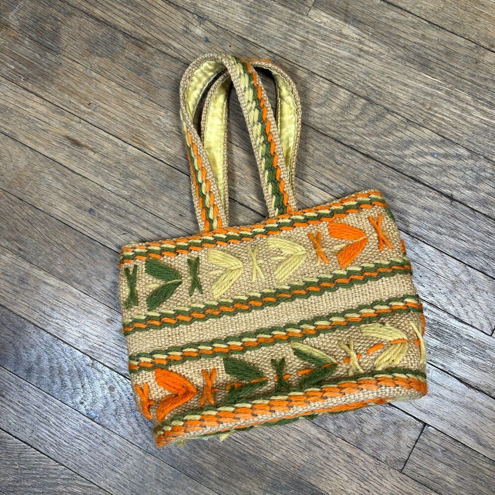 Vintage 70s Embroidered Yarn and Burlap Hand Bag